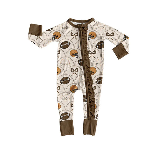 Preorder (moq 5)Baby Girls Footballs Bows Checked Team Ruffle Zipper Footie Rompers 9.3