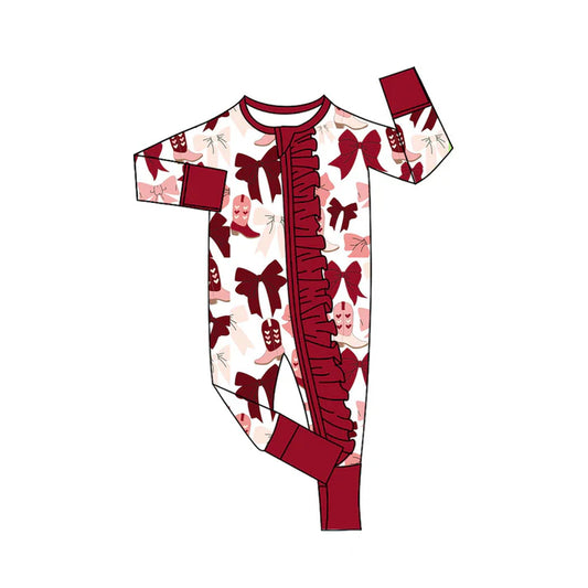 Preorder (moq 8)Baby Girls Dark Red Bows Boots Ruffle Zipper Footie Rompers 9.22