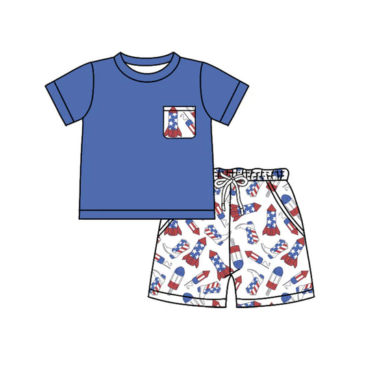 Preorder moq 5 Baby Boys Navy Short Sleeves Pocket Top Boots Firework Short 4th Of July Set 4.23