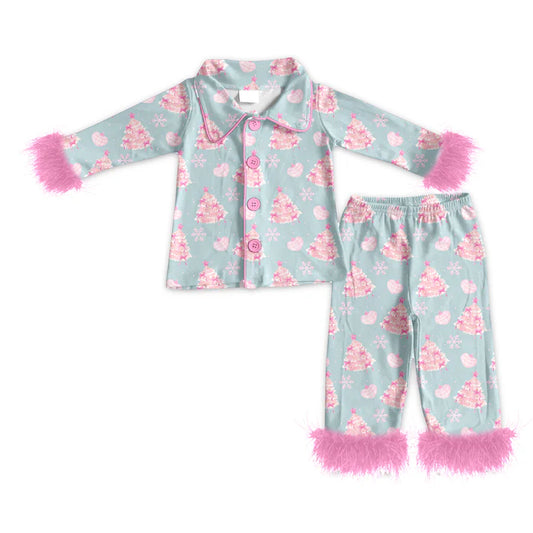 Preorder (moq 5)Baby Girls Long Sleeves With Fur Pink Snowflake Trees Top Pant Pajamas Set 5.19