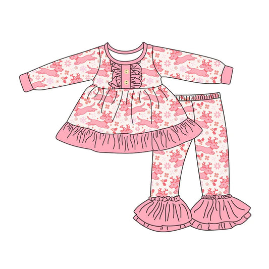 Preorder (moq 5)Baby Girls Long Sleeves Christmas Deer Holly Button Tunic Bell Bottom Pants Set 7.26