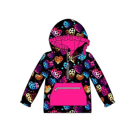 Preorder (moq 8)Baby Girls Polka Dots Hearts Pocket Zipper Valentine Ruffle Hoodies Top 9.11