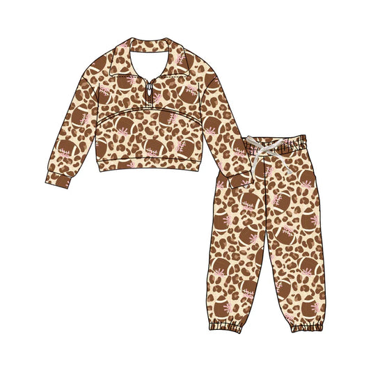 Preorder (moq 5)Baby Girls Leopard Bow Footballs Zipper Pullover Pants Team Clothes Sets 11.28