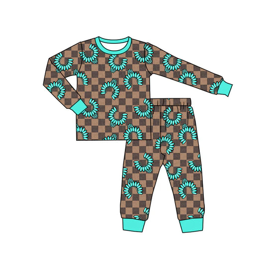 Preorder (moq 8)Baby Kids Long Sleeve Khaki Checked Turquoises Top Pants Western Pajamas Sets 9.19
