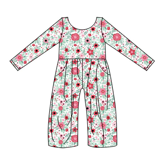 Preorder (moq 8)Baby Girls Long Sleeve Red Flowers Pockets Jumpsuits 9.12