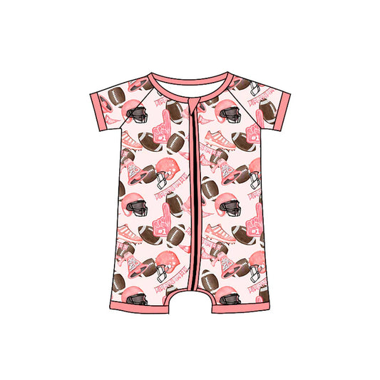 Preorder (moq 5)Baby Girls Pink Short Sleeves Footballs Flags Zipper Rompers 4.24