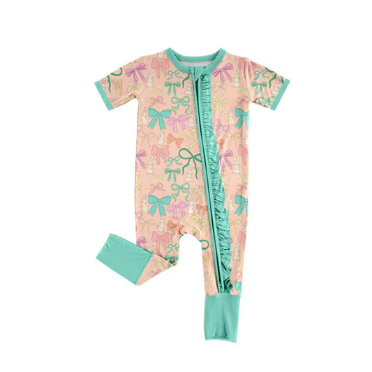 Preorder (moq 8)Baby Girls Colorful Bows Rabbits Easter Ruffle Zipper Footie Rompers 9.17