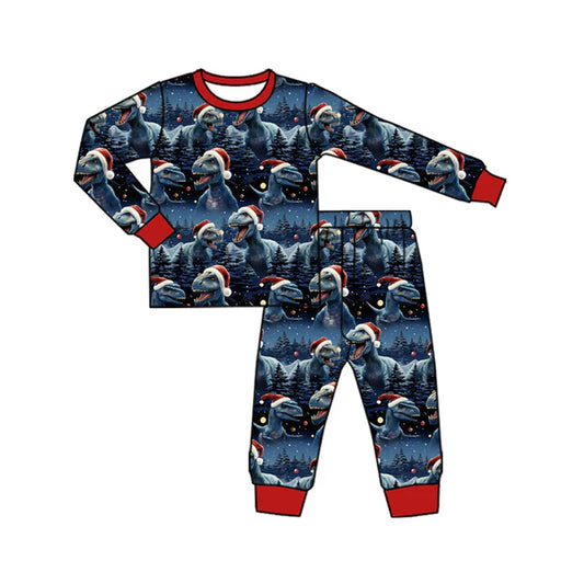 Preorder (moq 5)Baby Boys Hats Dinosaurs Trees Top Pants Christmas Navy Pajamas Sets 9.4