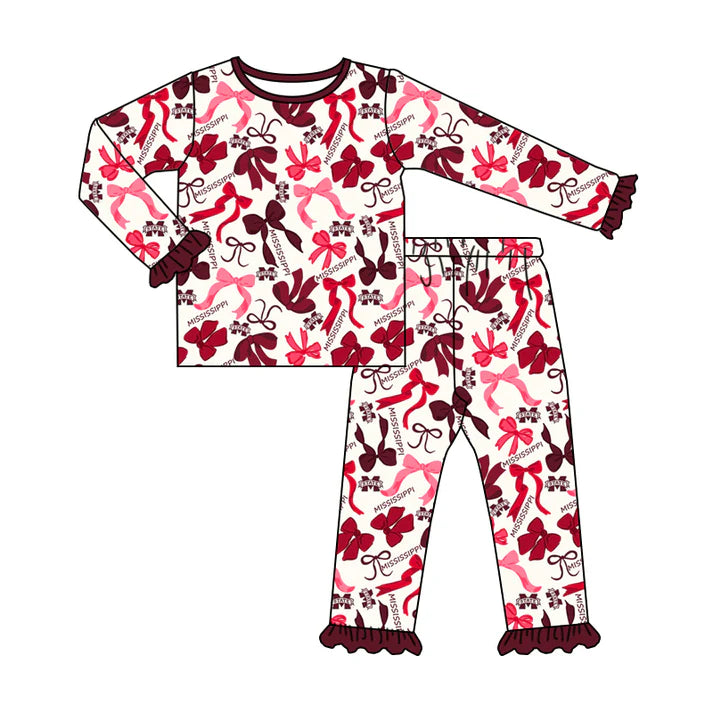 Preorder MOQ 5 Long sleeves M maroon bow kids girls team pajamas 8.26