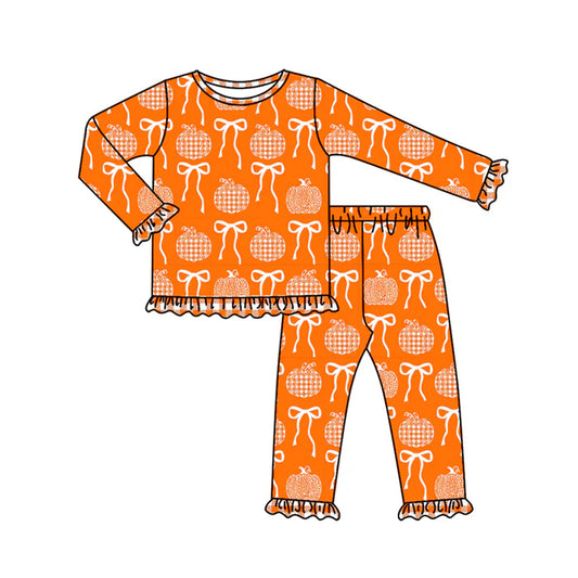 Preorder (moq 5)Baby Girls Long Ruffle Sleeves Bows Pumpkins Plaid Top Pants Pajamas Set 7.1