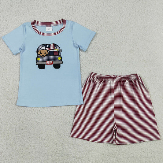 Baby Boys Clothes Embroidery Dog Flag Trucks Top Stripe Shorts 4th of July Clothes Sets BSSO1918