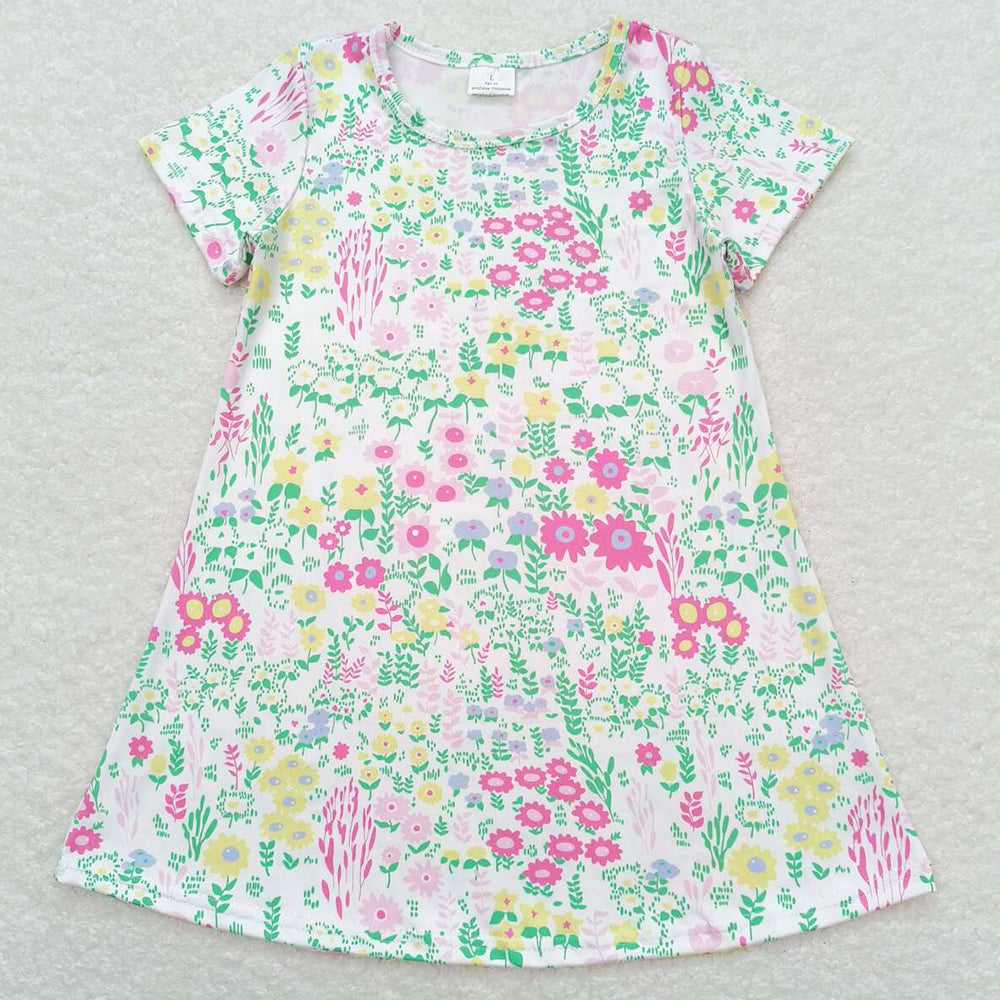 Baby Girls Dress Pink Green Flowers Short Sleeve Knee Length Dresses GSD0823