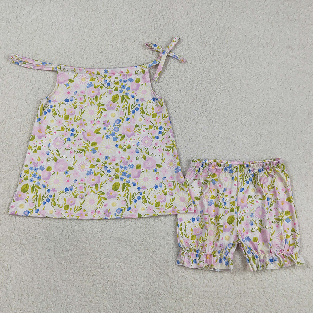 Baby Girls Clothes Pink Strap Floral Tunic Ruffle Shorts Clothes Sets GSSO2778