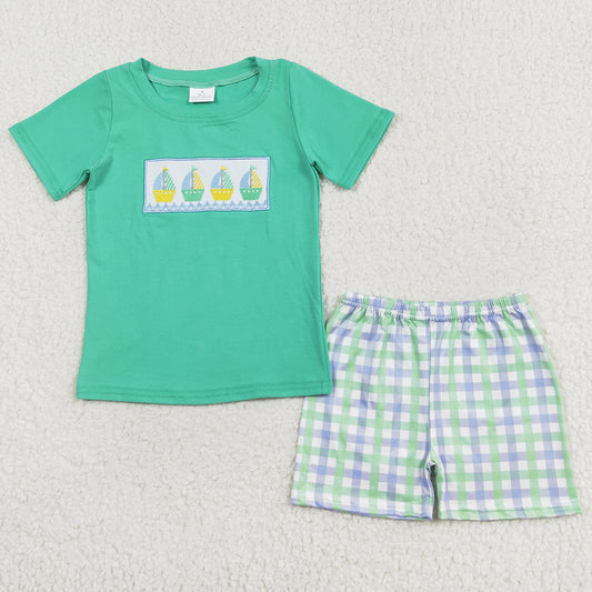 Baby Boys Clothes Boats Short Sleeve Tee Shirts Tops Checkered Shorts Sets BSSO0887