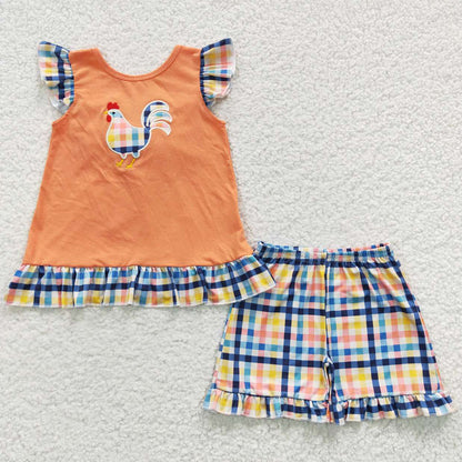 Summer Boys Clothes Cotton Chicken Embroidery Plaid Shorts Sets GSSO0313 BSSO0270