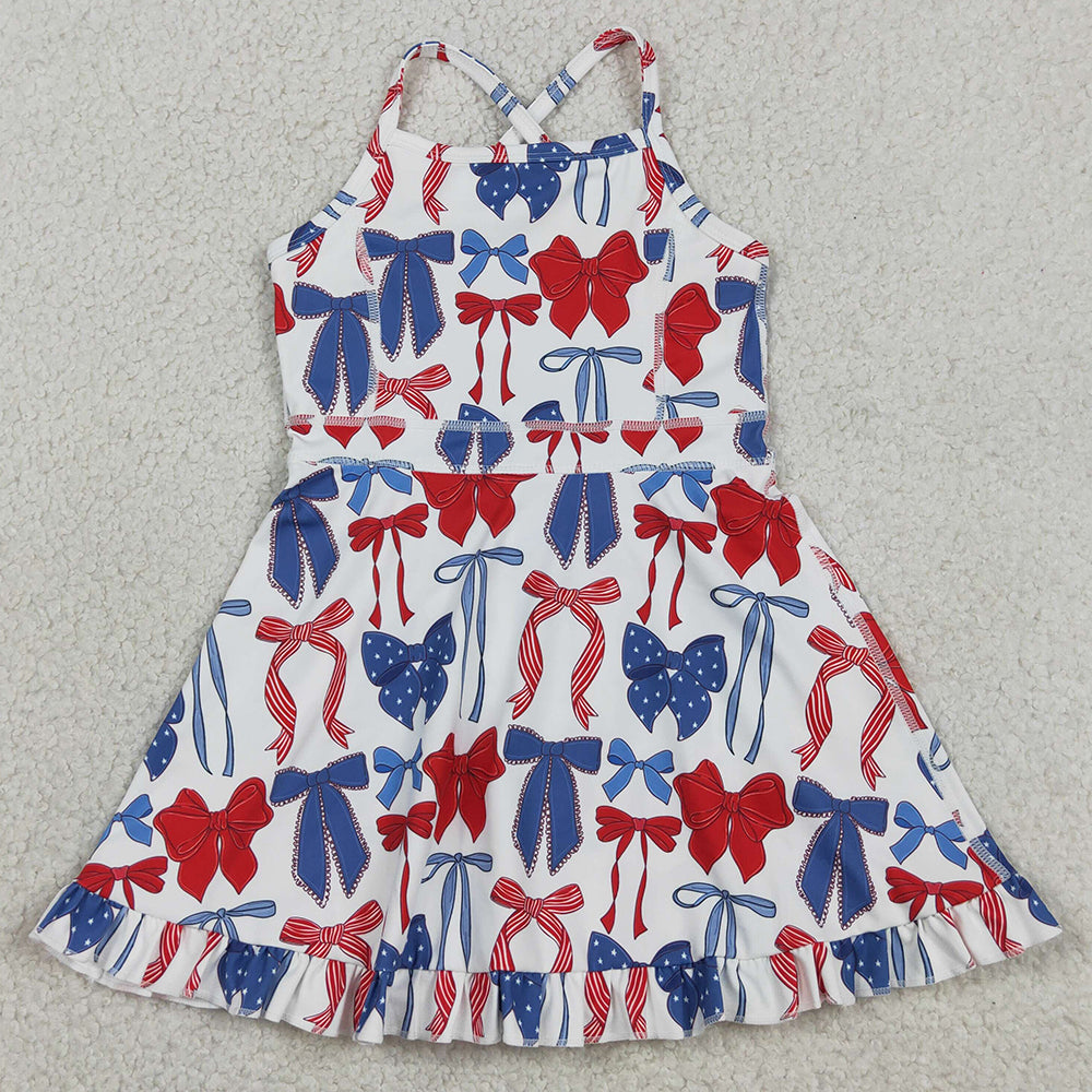 Baby Girls Dress Strap Blue Red Bows 4th Of July Yoga Active Knee Length Dresses GSD4064