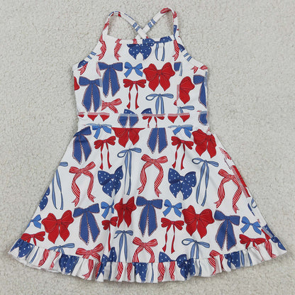 Baby Girls Dress Strap Blue Red Bows 4th Of July Yoga Active Knee Length Dresses GSD4064