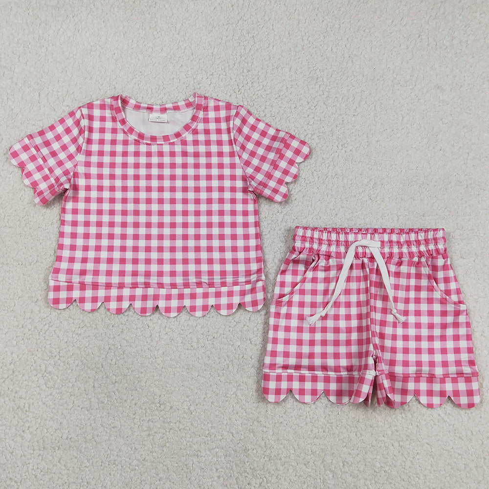 Baby Girls Clothes Short Sleeve Pink Checked Top Scallop Pockets Shorts Clothes Set GSSO3186