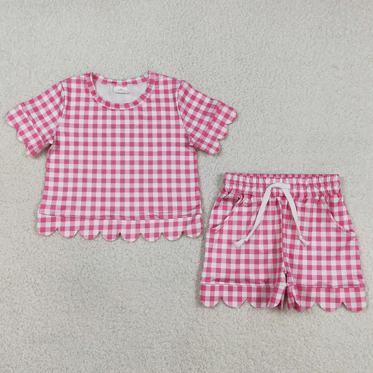 Baby Girls Clothes Short Sleeve Pink Checked Top Scallop Pockets Shorts Clothes Set GSSO3186
