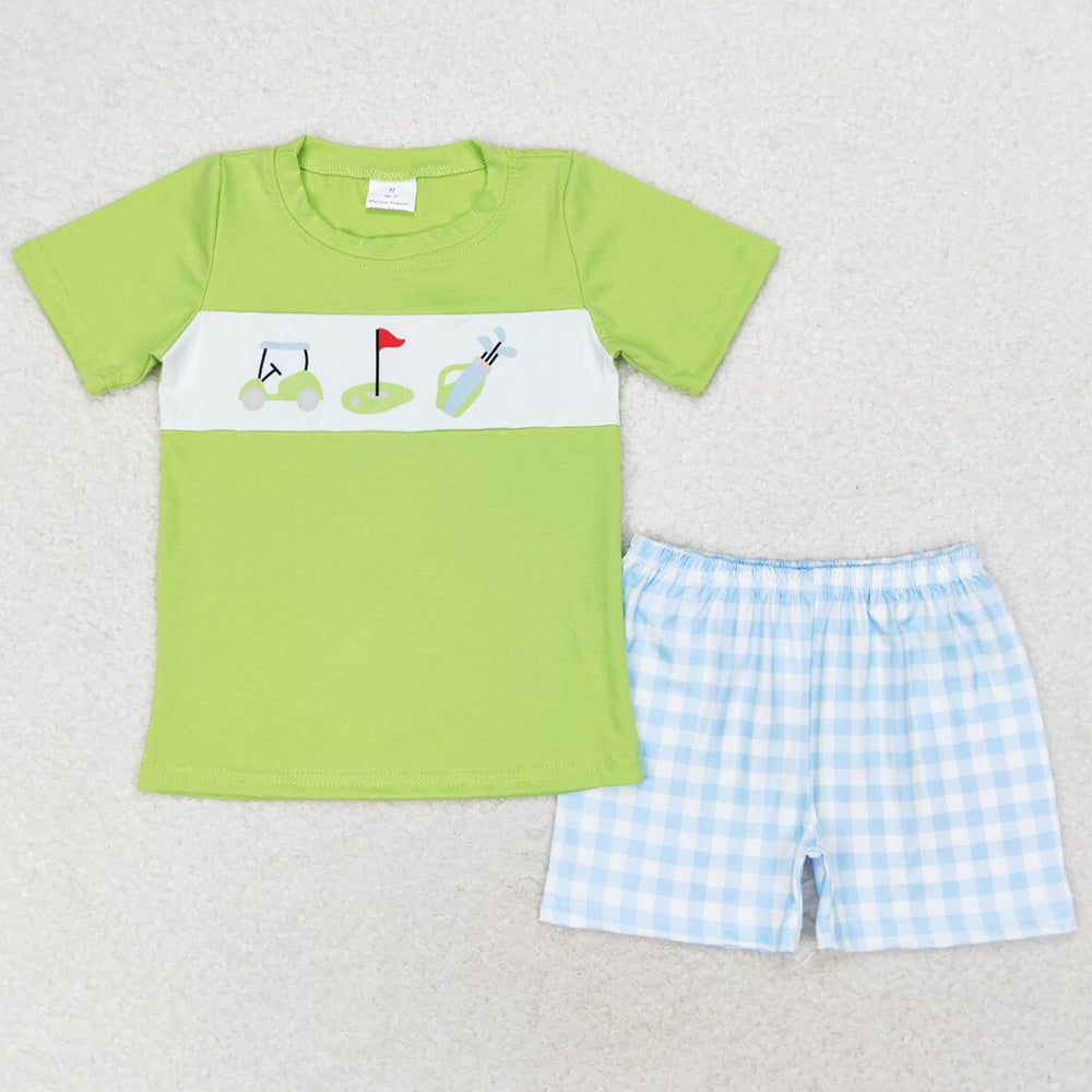 Baby Boys Clothes Golf Green Shirt Blue Checkered Shorts Outfits BSSO0667