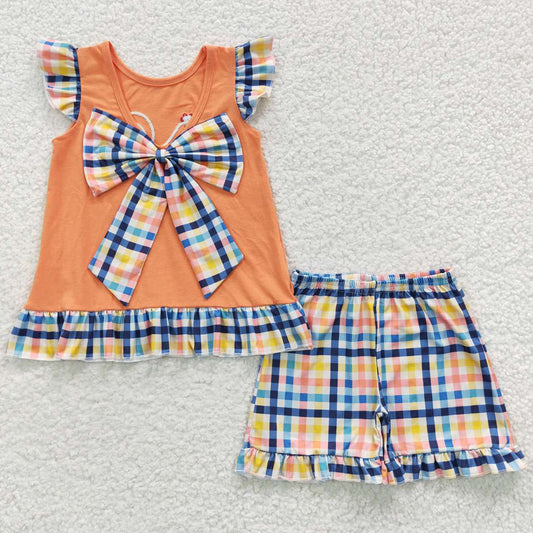 Baby Girls Clothes Cotton Chicken Embroidery Summer Plaid Shorts Sets GSSO0313