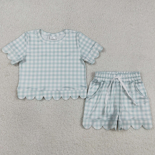 Baby Girls Clothes Short Sleeve Blue Checked Top Scallop Pockets Shorts Clothes Sets GSSO3184