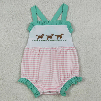 Baby Girls Rompers Embroidery Dogs Strap Pink Stripe Hunting Rompers SR3558