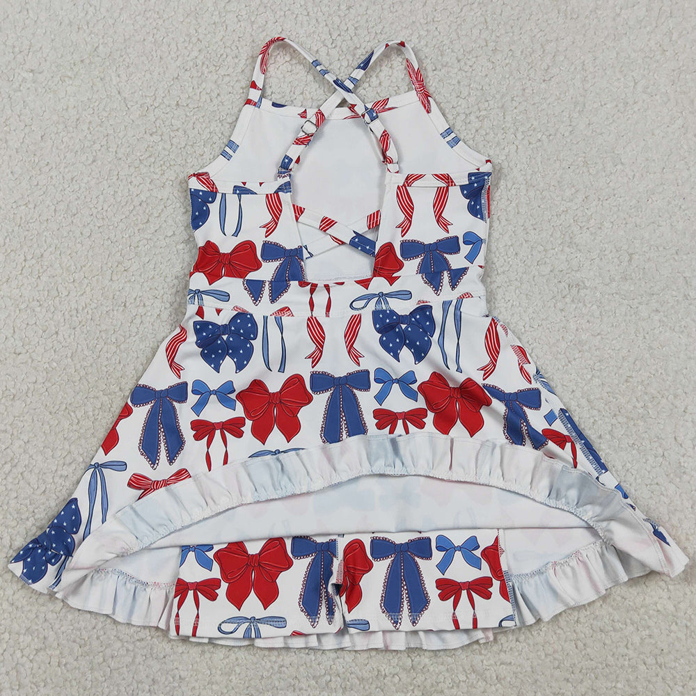 Baby Girls Dress Strap Blue Red Bows 4th Of July Yoga Active Knee Length Dresses GSD4064
