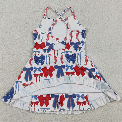 Baby Girls Dress Strap Blue Red Bows 4th Of July Yoga Active Knee Length Dresses GSD4064