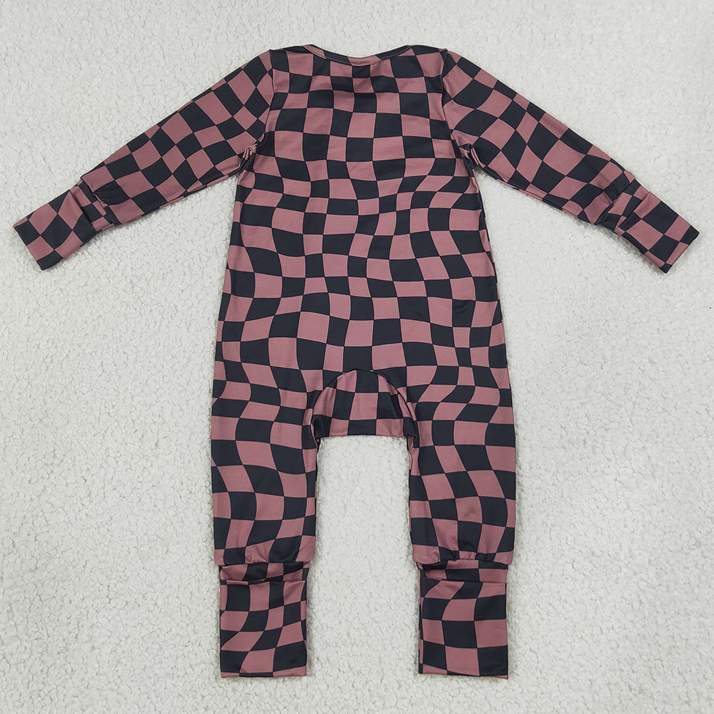 Baby Boys Rompers Brown Black Warped Checkerboard Print Fall Two Way Zip Convertible Rompers LR3115