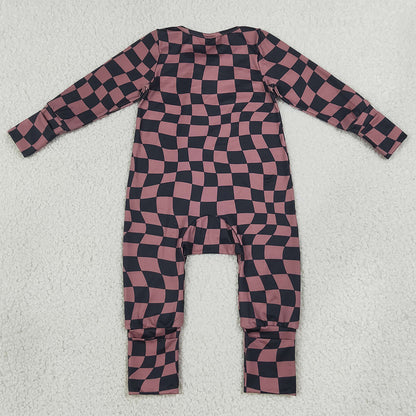 Baby Boys Rompers Brown Black Warped Checkerboard Print Fall Two Way Zip Convertible Rompers LR3115