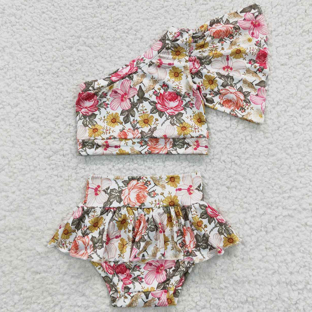 Baby Girls Clothes Bummies Outfits Flowers One Shoulder Bummie Shorts Sets GBO0157