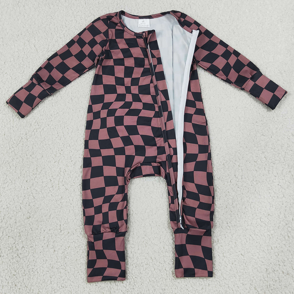 Baby Boys Rompers Brown Black Warped Checkerboard Print Fall Two Way Zip Convertible Rompers LR3115