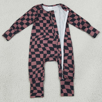 Baby Boys Rompers Brown Black Warped Checkerboard Print Fall Two Way Zip Convertible Rompers LR3115