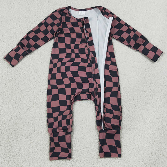 Baby Boys Rompers Brown Black Warped Checkerboard Print Fall Two Way Zip Convertible Rompers LR3115