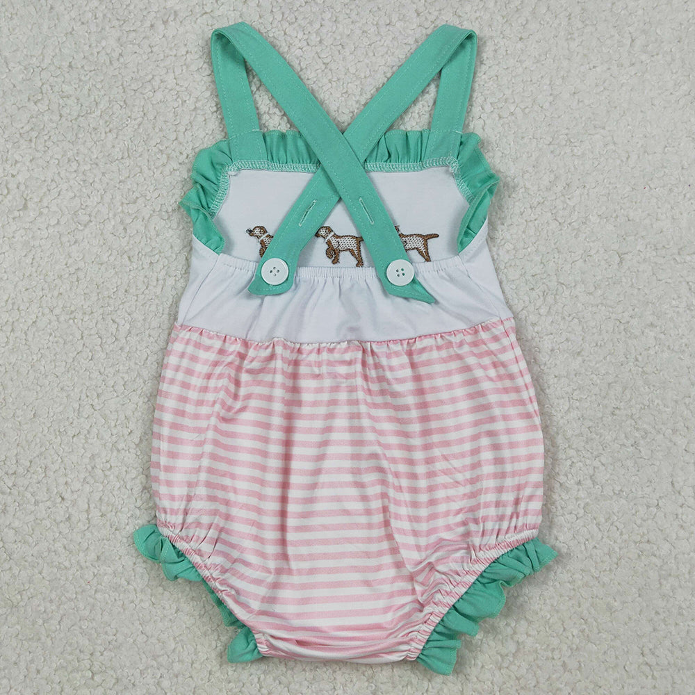 Baby Girls Rompers Embroidery Dogs Strap Pink Stripe Hunting Rompers SR3558