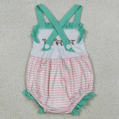 Baby Girls Rompers Embroidery Dogs Strap Pink Stripe Hunting Rompers SR3558