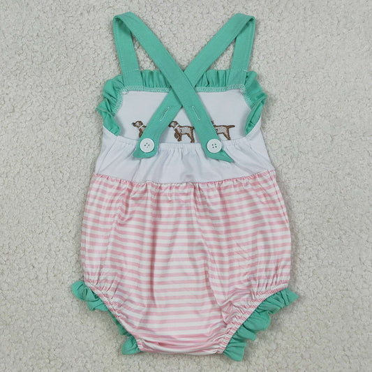 Baby Girls Rompers Embroidery Dogs Strap Pink Stripe Hunting Rompers SR3558