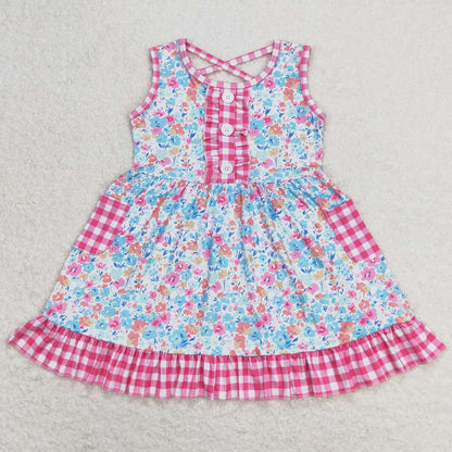 Baby Girls Dress Pink Checkered Floral Sleeveless Pockets Ruffle Dresses GSD0950