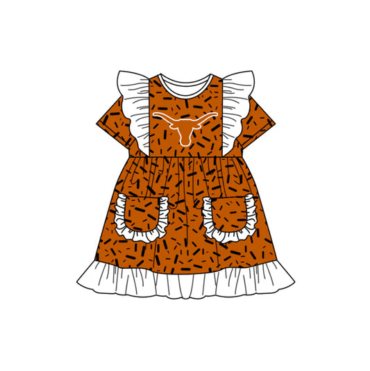 Preorder (moq 5)Baby Girls Flutter Short Sleeve Orange Sprinkles Bull Skulls Pockets Team Ruffle Knee Length Dresses 12.13