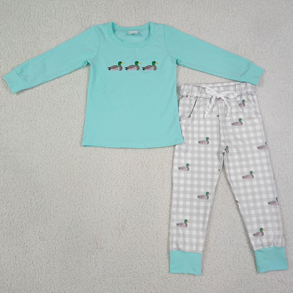 Baby Boys Clothes Embroidery Ducks Top Pockets Checked Jogger Hunting Sets BLP1424