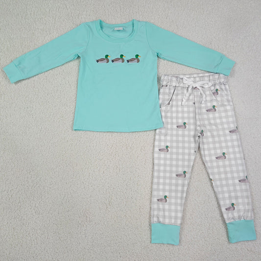 Baby Boys Clothes Embroidery Ducks Top Pockets Checked Jogger Hunting Sets BLP1424