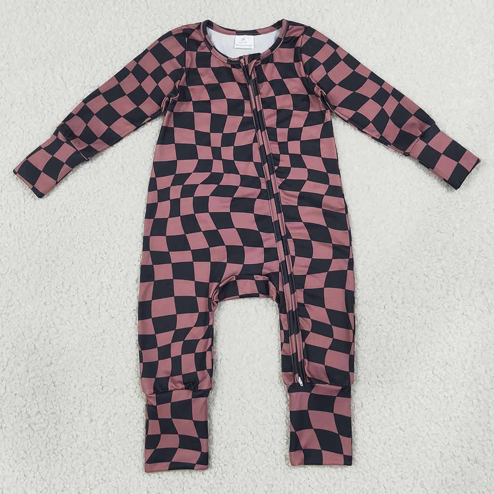 Baby Boys Rompers Brown Black Warped Checkerboard Print Fall Two Way Zip Convertible Rompers LR3115