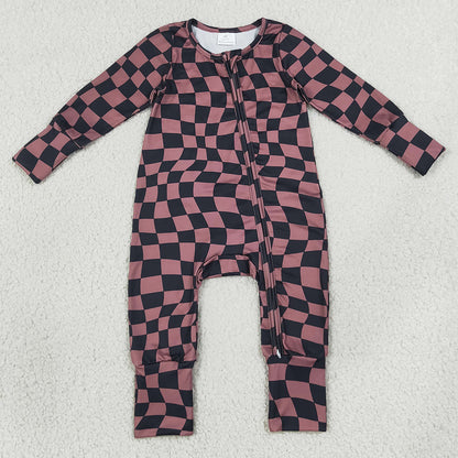Baby Boys Rompers Brown Black Warped Checkerboard Print Fall Two Way Zip Convertible Rompers LR3115