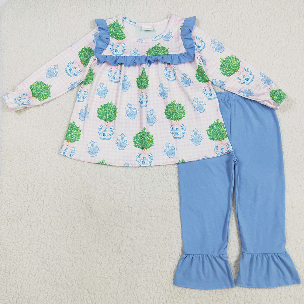 Baby Girls Clothes Pink Long Sleeves Plants Tunic Tops Blue Ruffle Pants Sets GLP2396 8.6