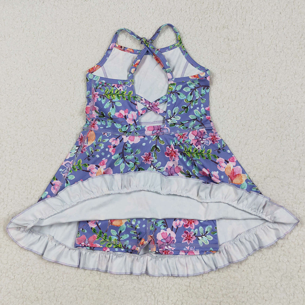 Baby Girls Dress Purple Strap Floral Yoga Ruffle Knee Length Dresses GSD2279 6.5