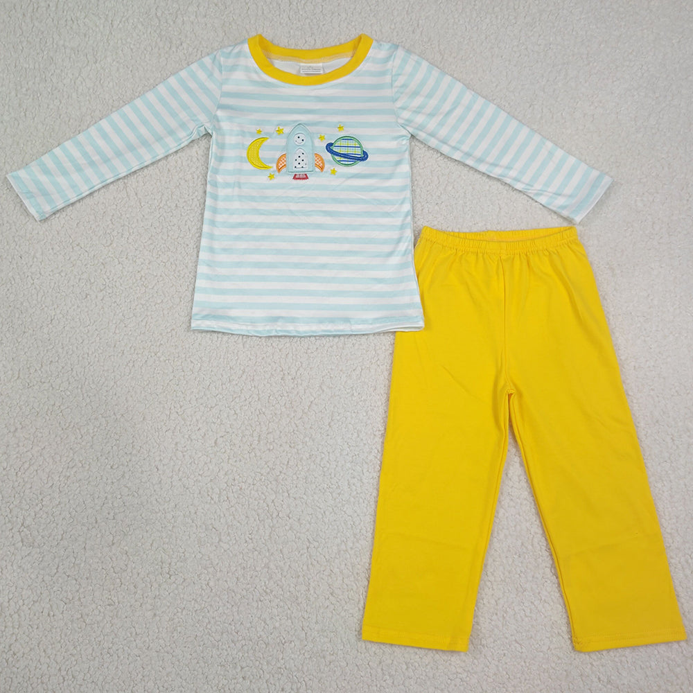 Baby Boys Clothes Embroidery Moon Long Sleeve Blue Stripe Tops Pants Clothes Sets BLP1455
