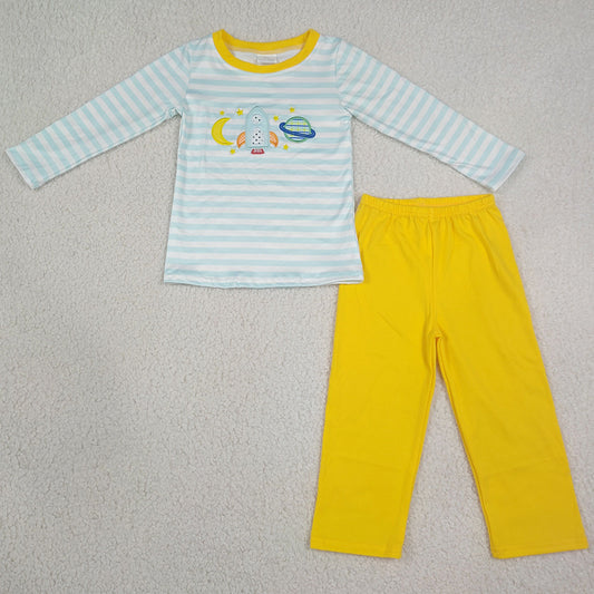 Baby Boys Clothes Embroidery Moon Long Sleeve Blue Stripe Tops Pants Clothes Sets BLP1455