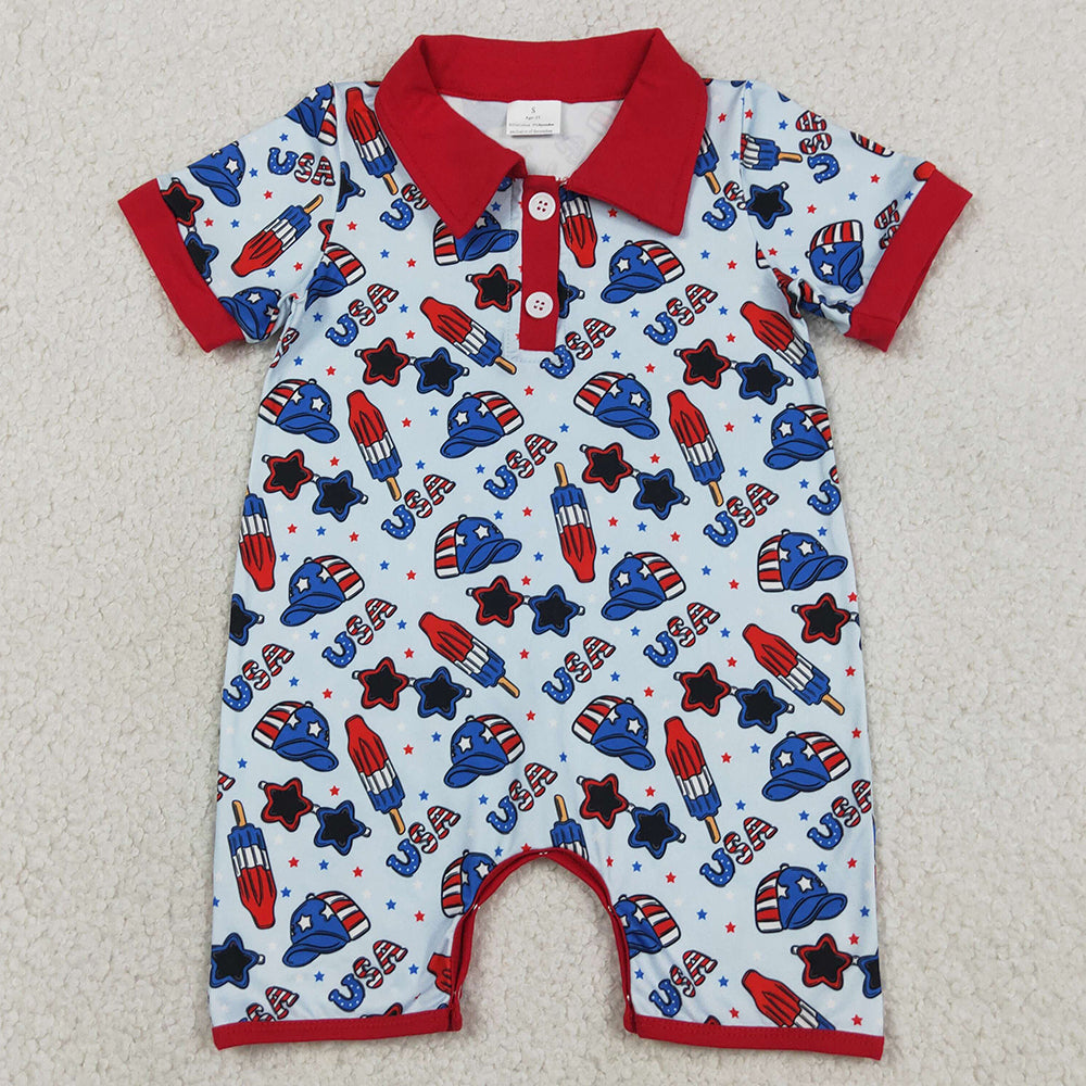 Baby Boys Rompers Short Sleeve USA Popsicle Stars 4th of July Button Rompers SR3874