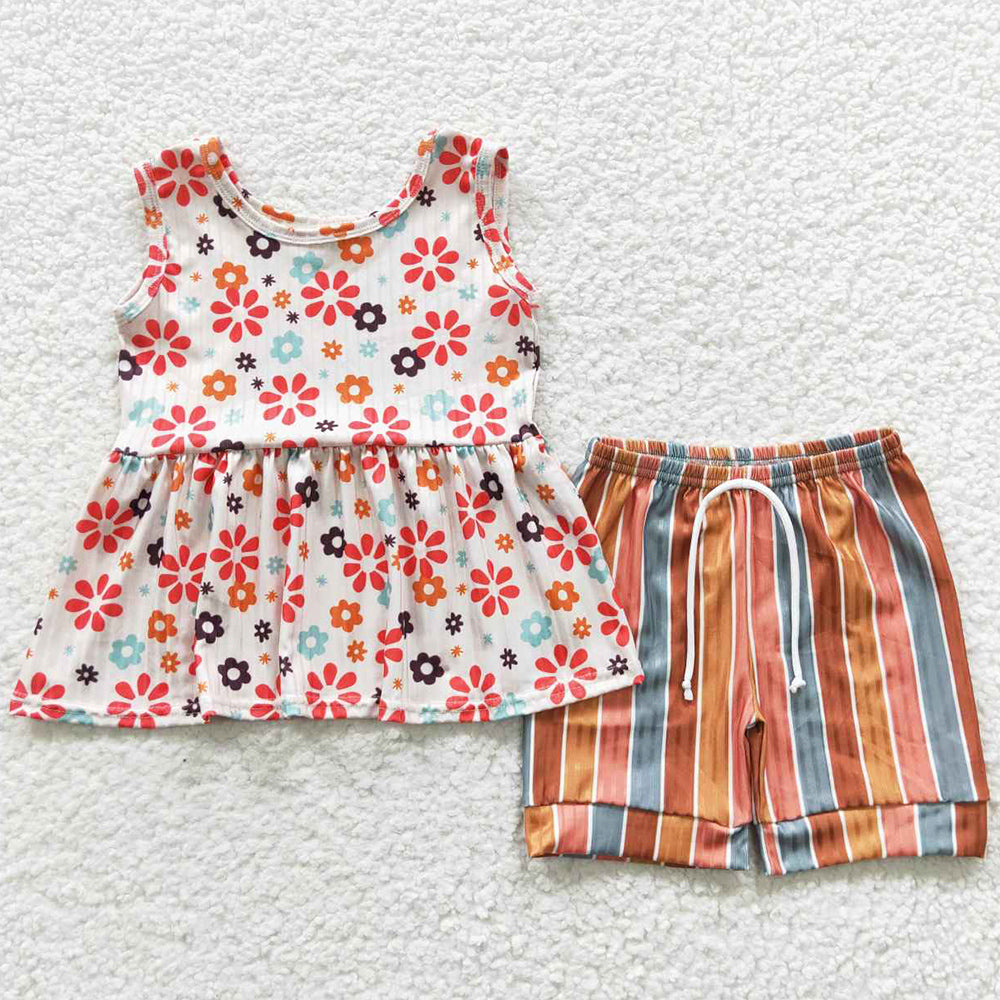 Hot Sale Baby Girls Clothes Summer Flowers Tunic Stripe Shorts Sets GSSO0339